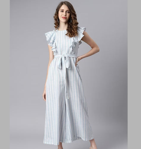 White & Blue Striped Basic Jumpsuit with Ruffles